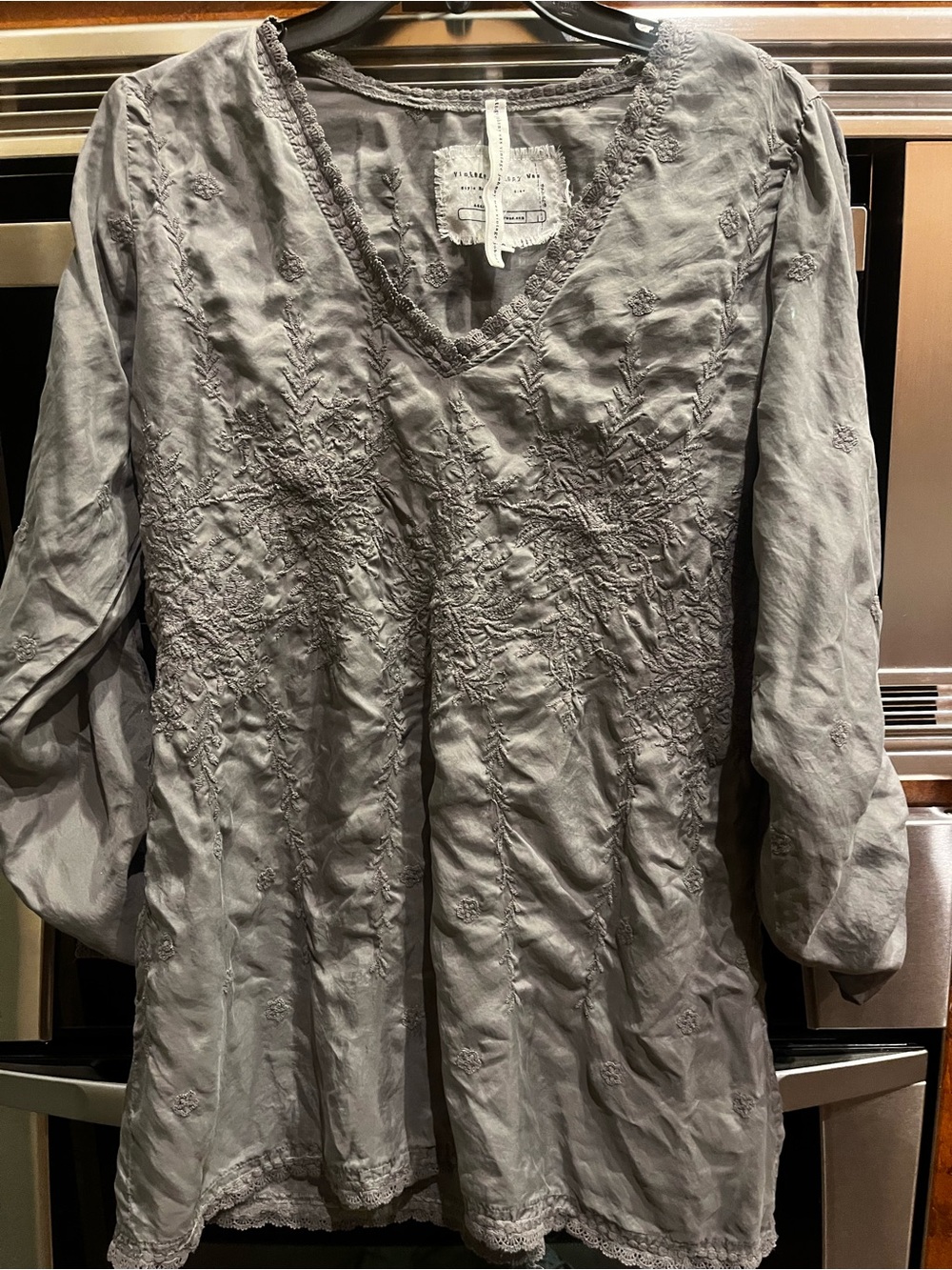 Vintage Johnny Was Silk Embroidered V-Neck Tunic in Gray